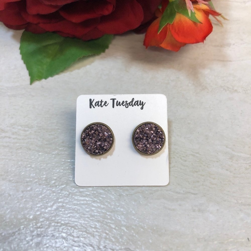 5/$20 Purple Round Druzy Stud Earrings, New